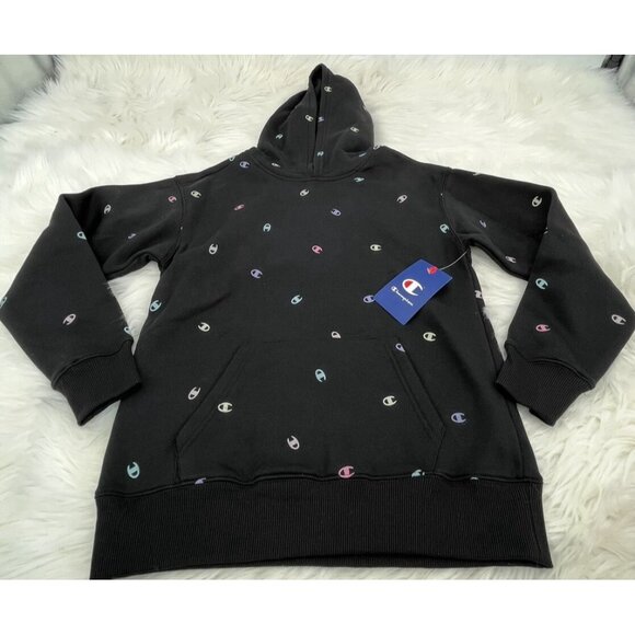 NEW Champion Girls Black Large Hoodie Kids Pullover Sweatshirt All Over Print - Picture 1 of 6